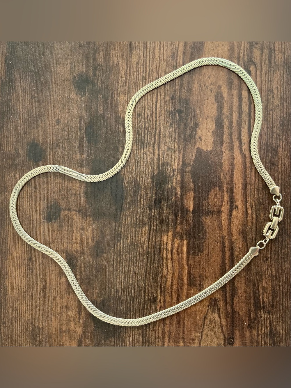 Vintage Givenchy Gold Tone Herringbone Chain Necklace Interlocking G Logo Clasp